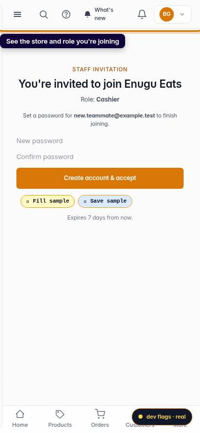 Accept a staff invitation: step 1 (mobile)