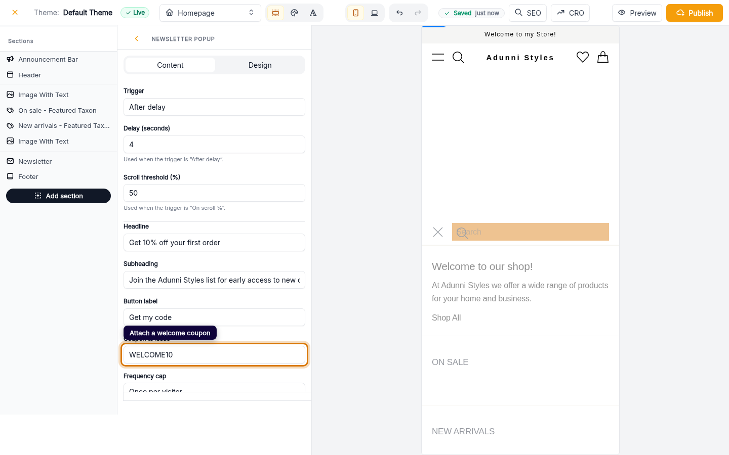 Add and edit your newsletter pop-up: step 5 (web)