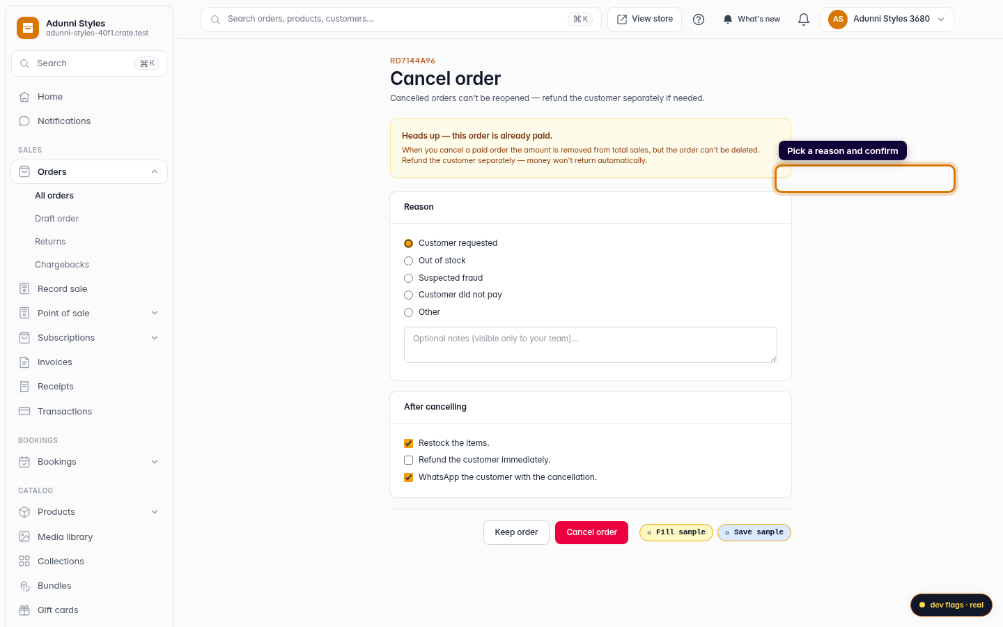 Cancelling a paid order: step 4 (web)
