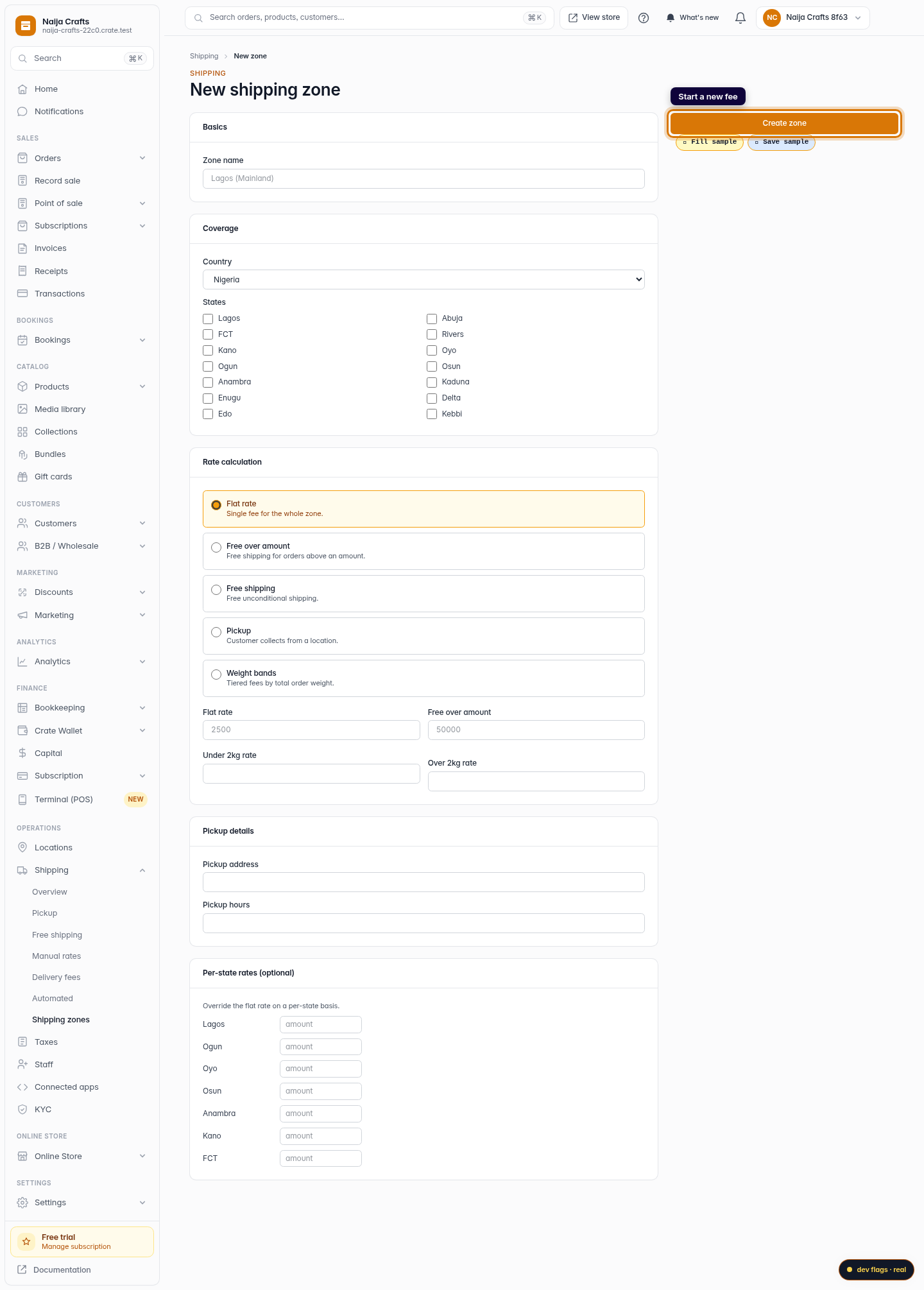 Create a delivery fee: step 2 (web)