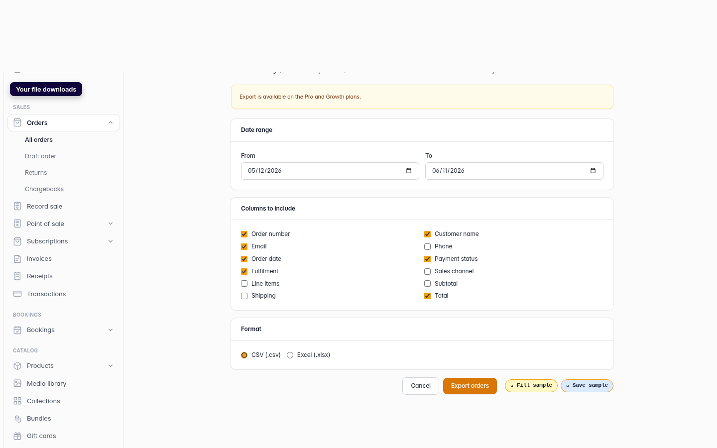Export your orders: step 5 (web)