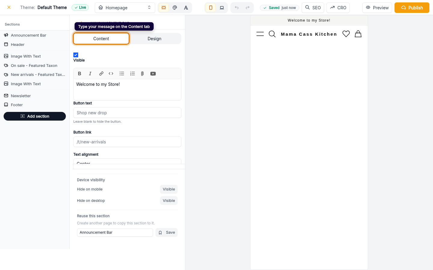 Add a custom message to your store: step 3 (web)