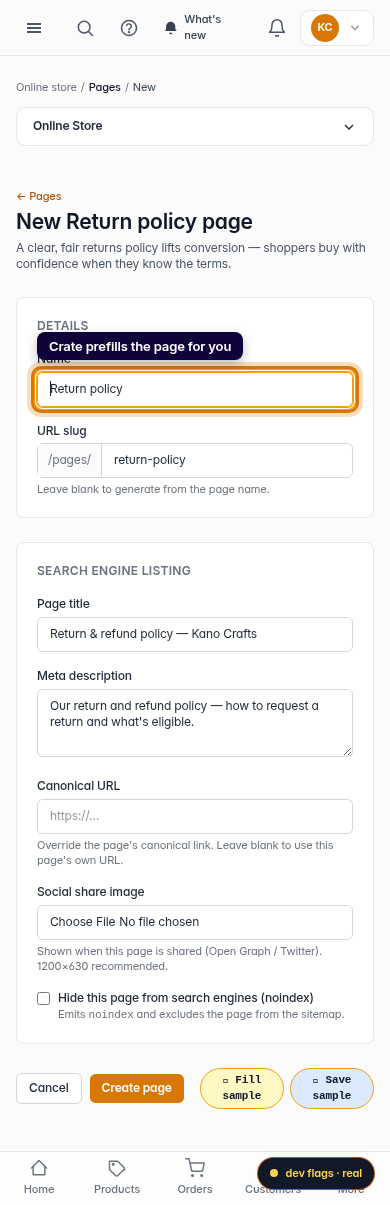 Add a return policy page: step 3 (mobile)