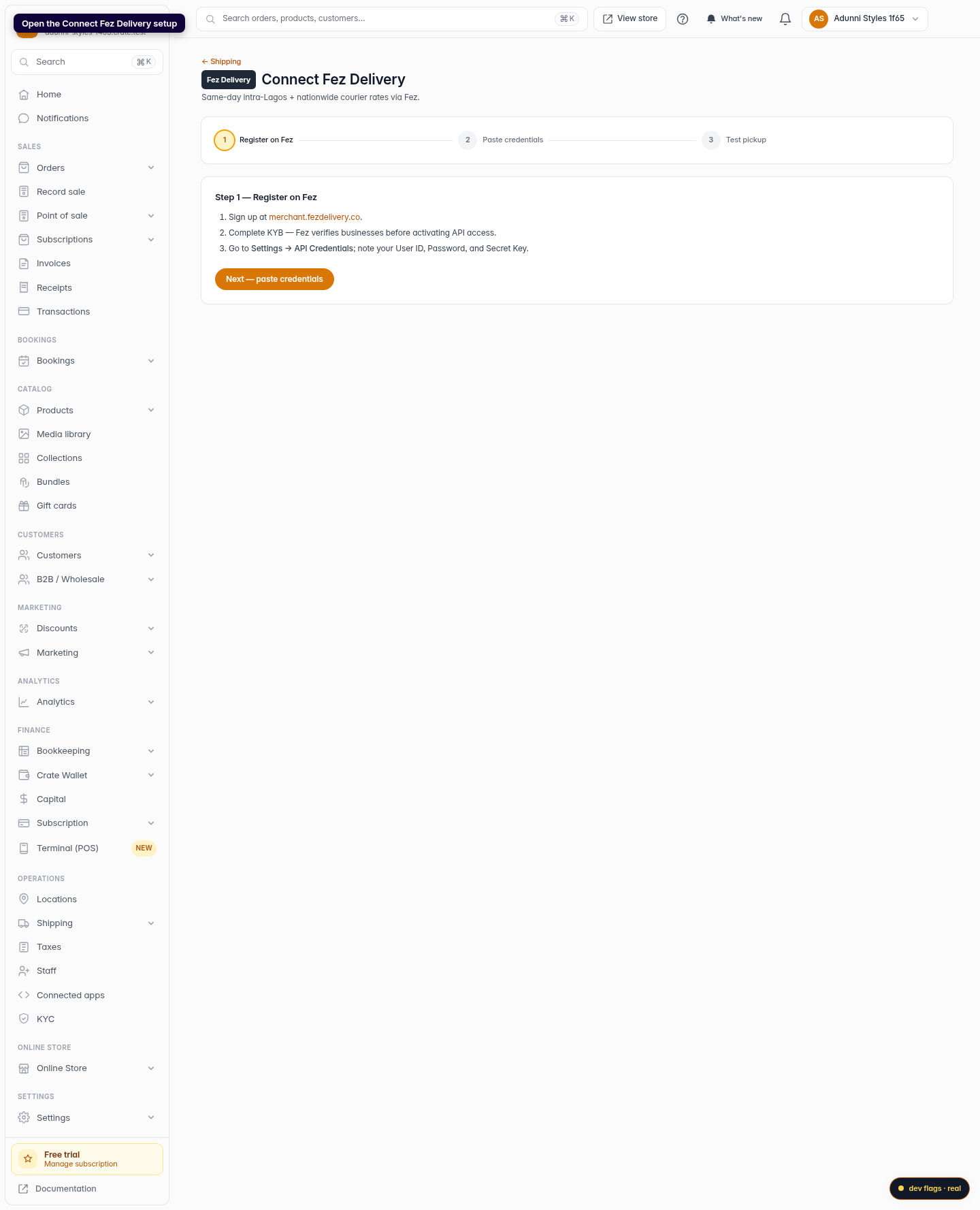 Connect Fez Delivery: step 1 (web)