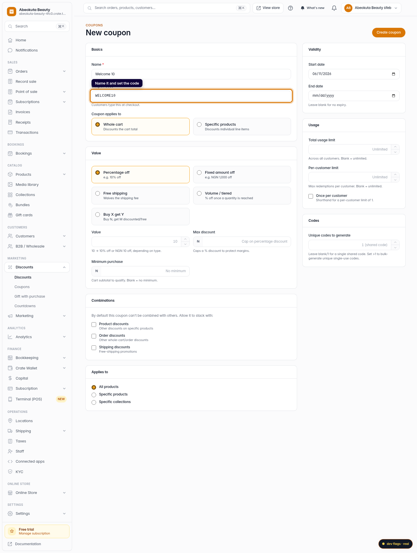 How to create a coupon: step 3 (web)