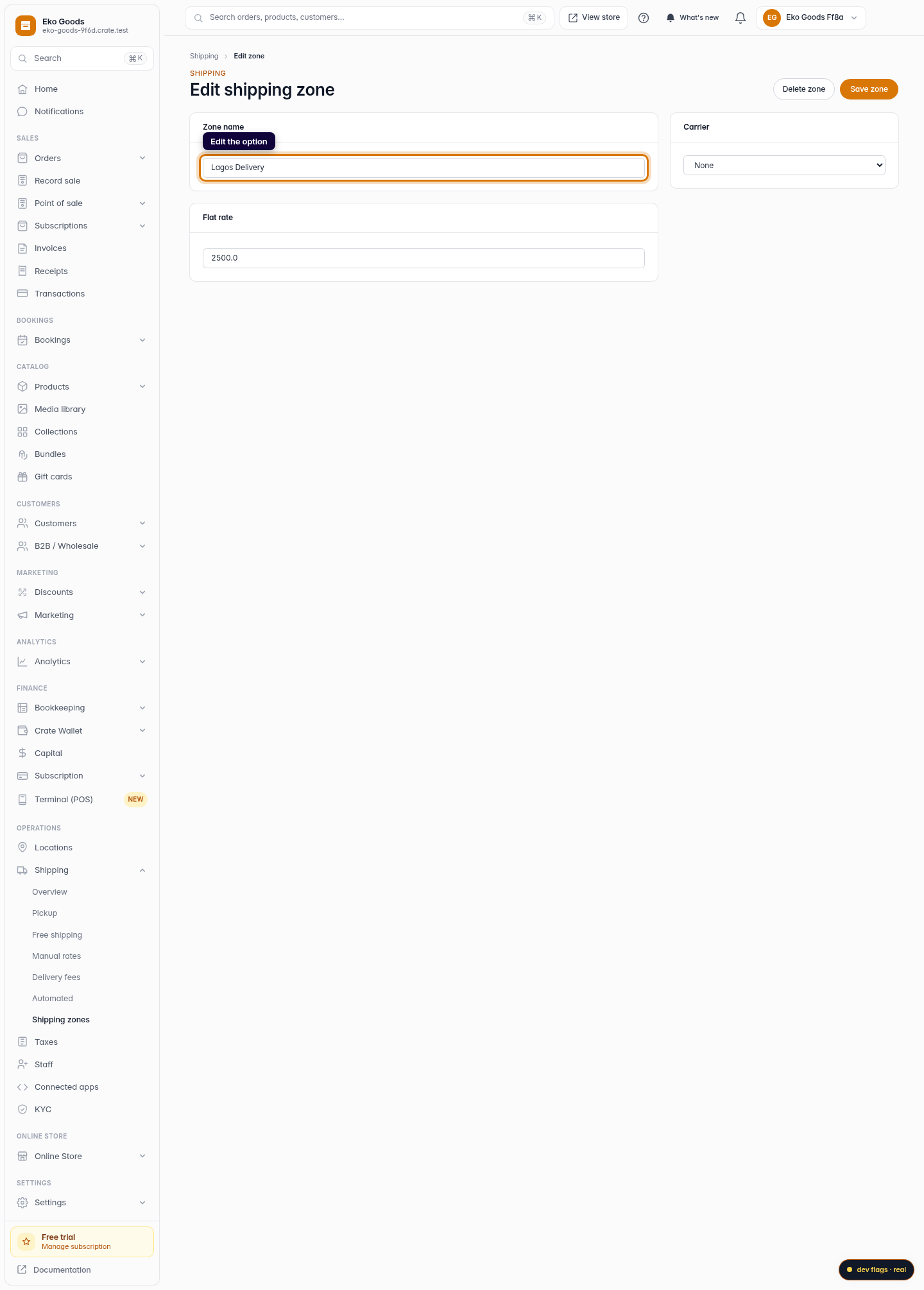 Delete or edit a shipping option: step 2 (web)