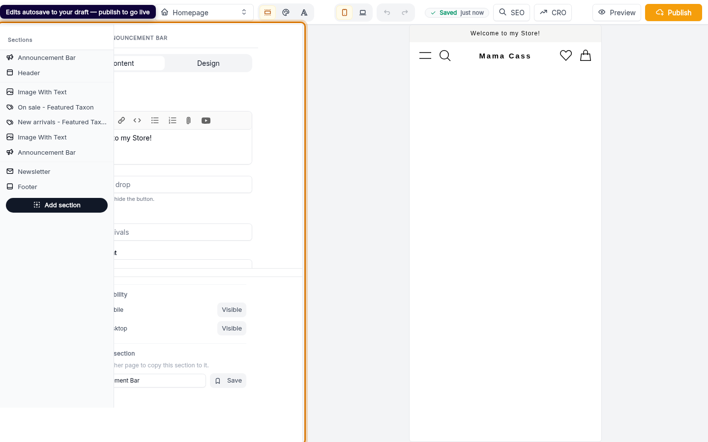 Edit your announcement bar text: step 5 (web)
