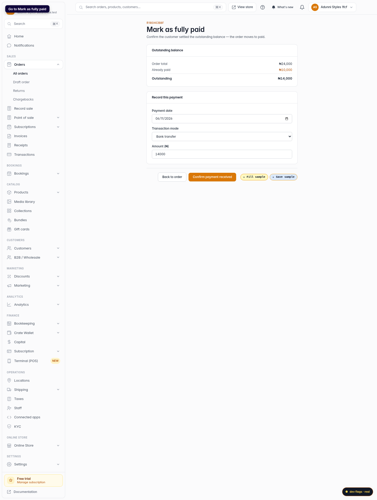 Mark a part-paid order as fully paid: step 3 (web)