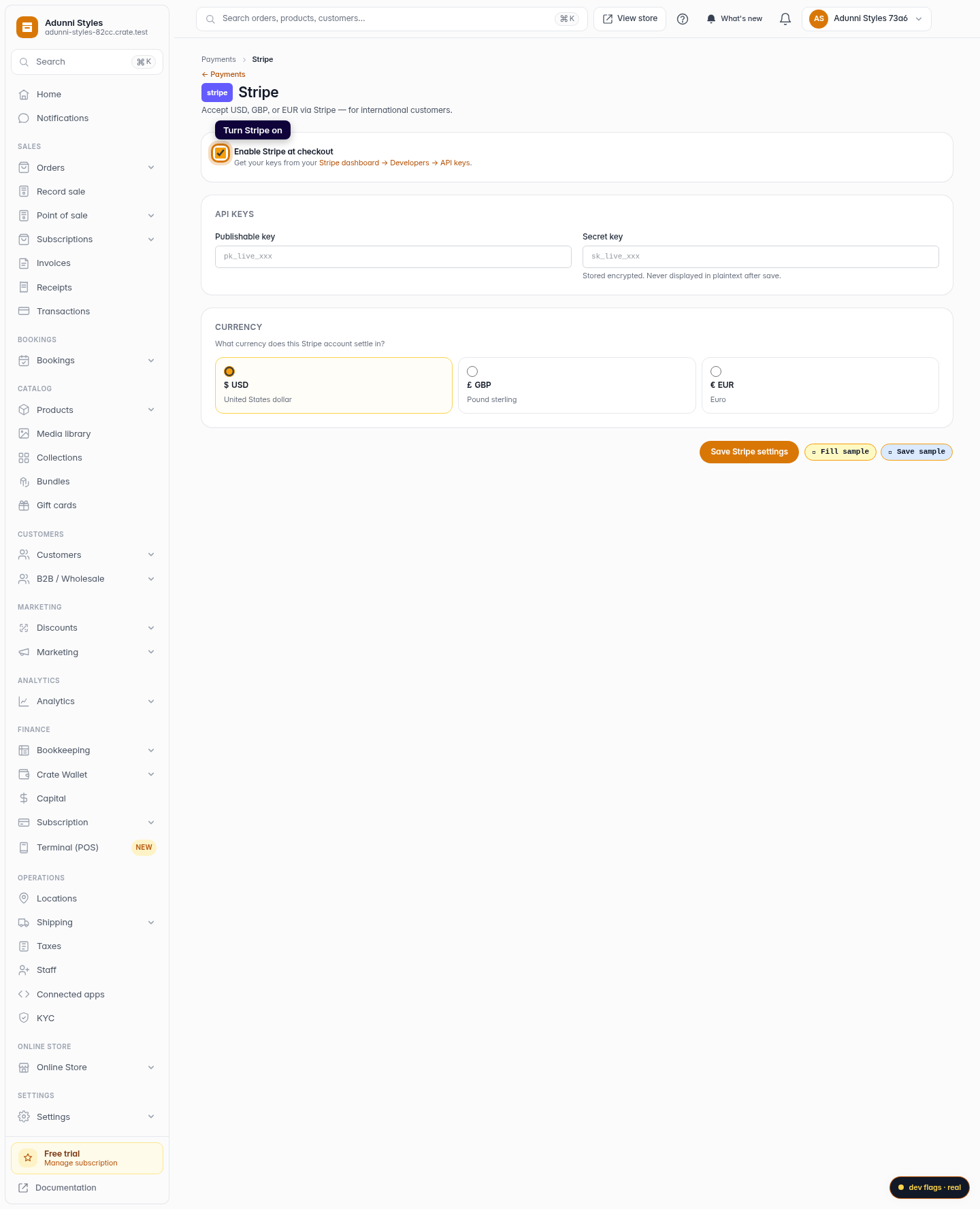 Sell in USD and GBP with Stripe: step 2 (web)