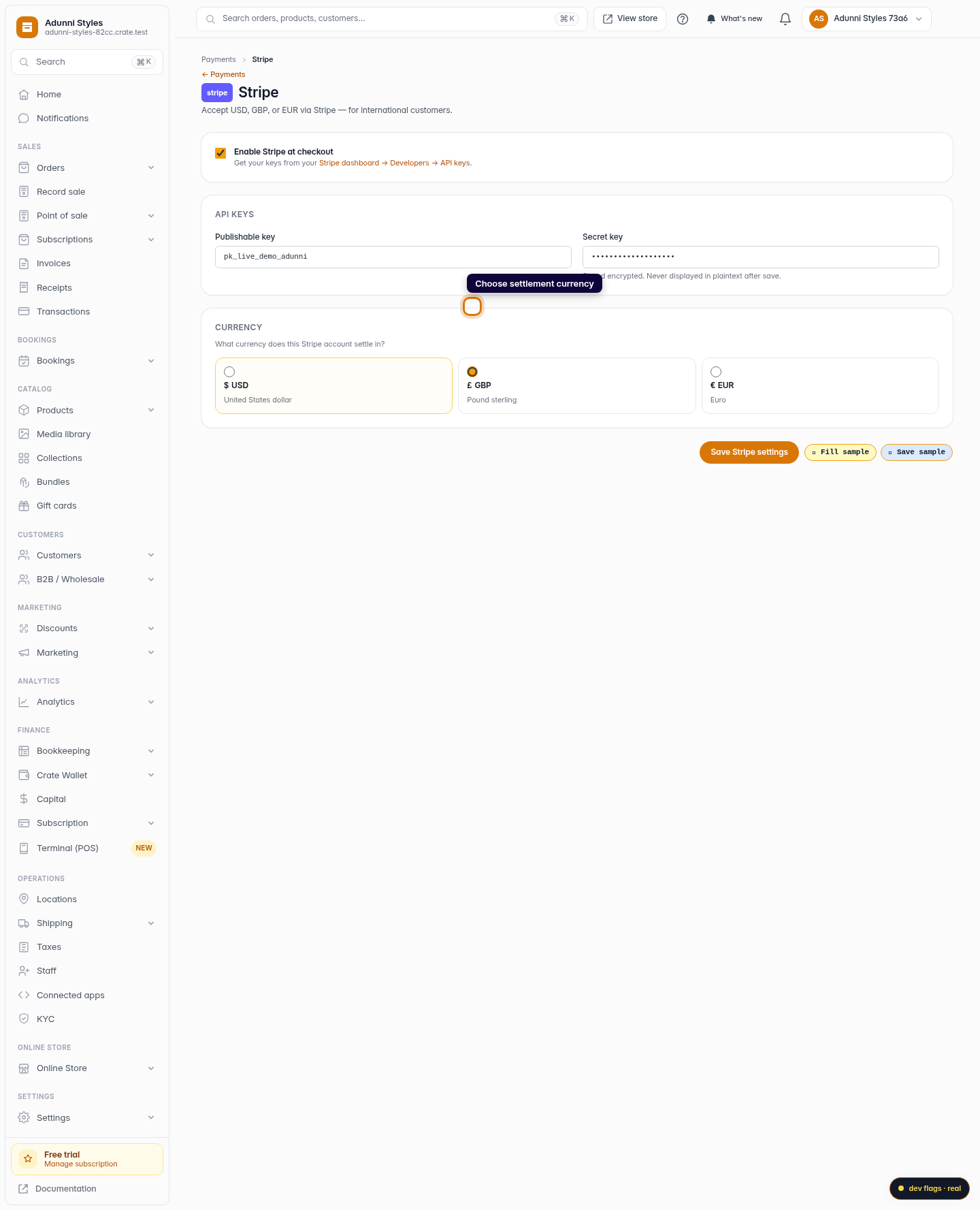 Sell in USD and GBP with Stripe: step 4 (web)