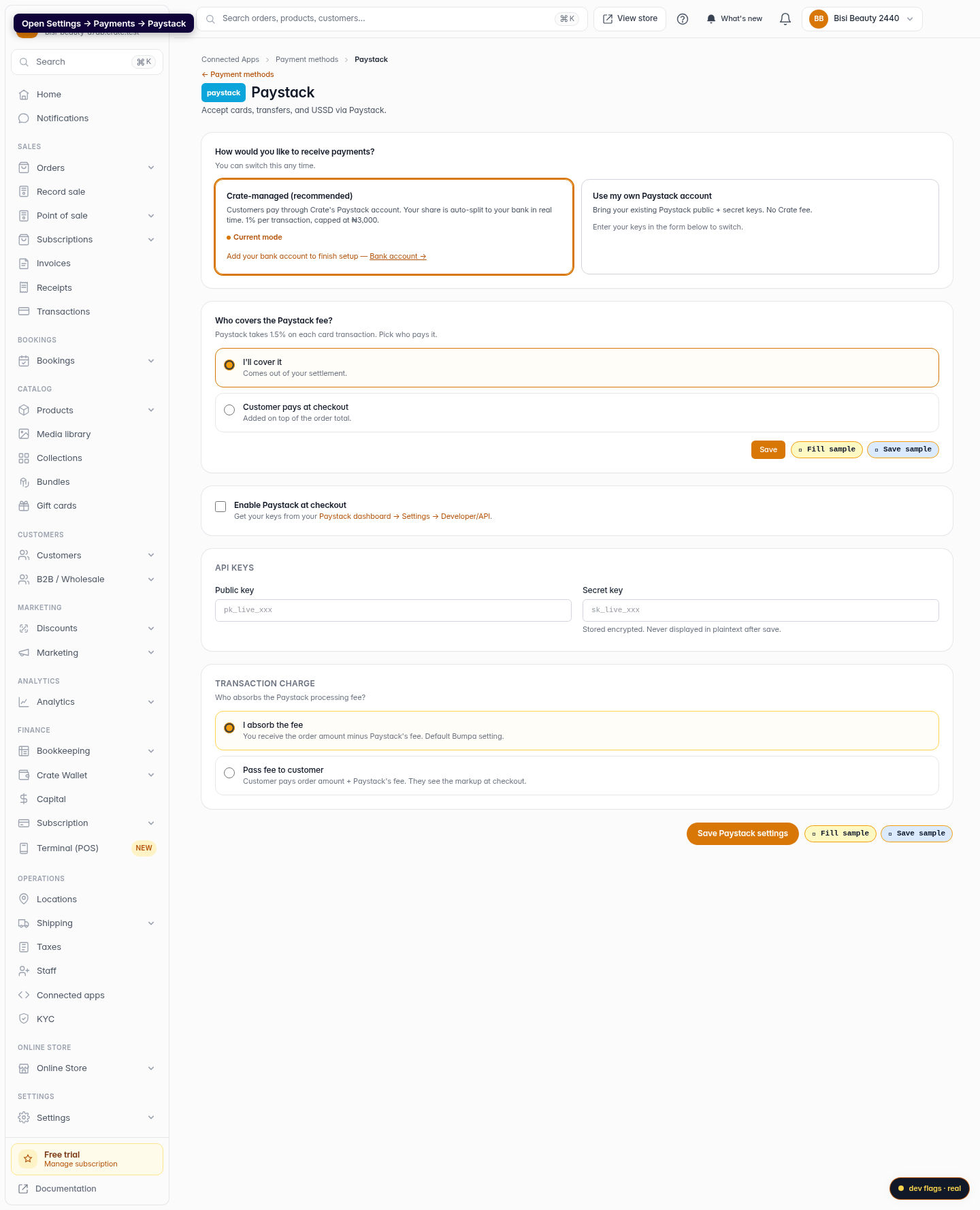 Update your Paystack charge option: step 1 (web)