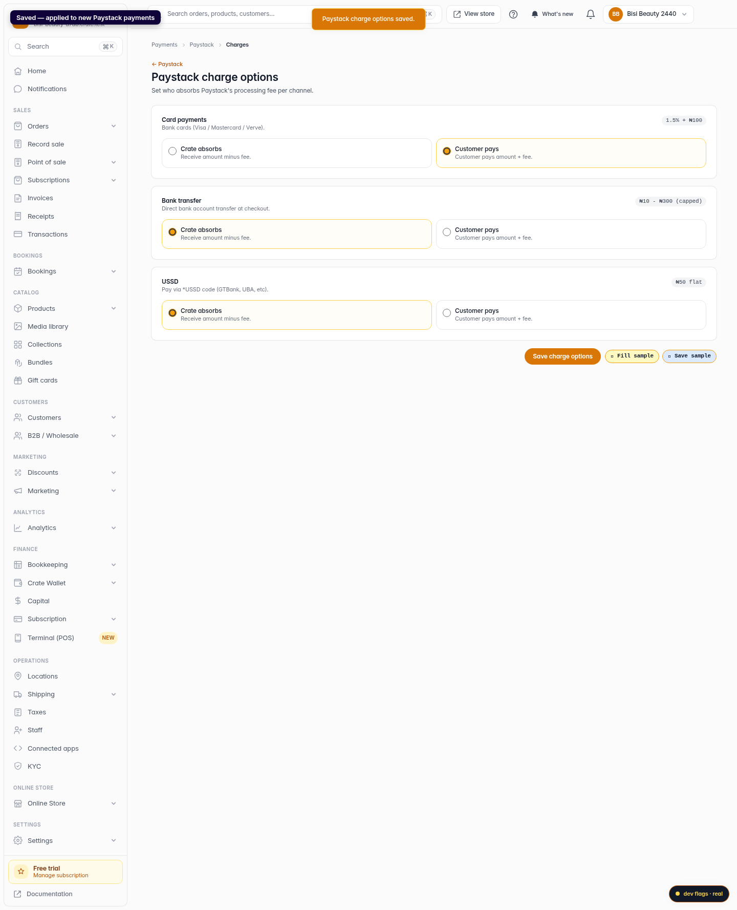Update your Paystack charge option: step 4 (web)