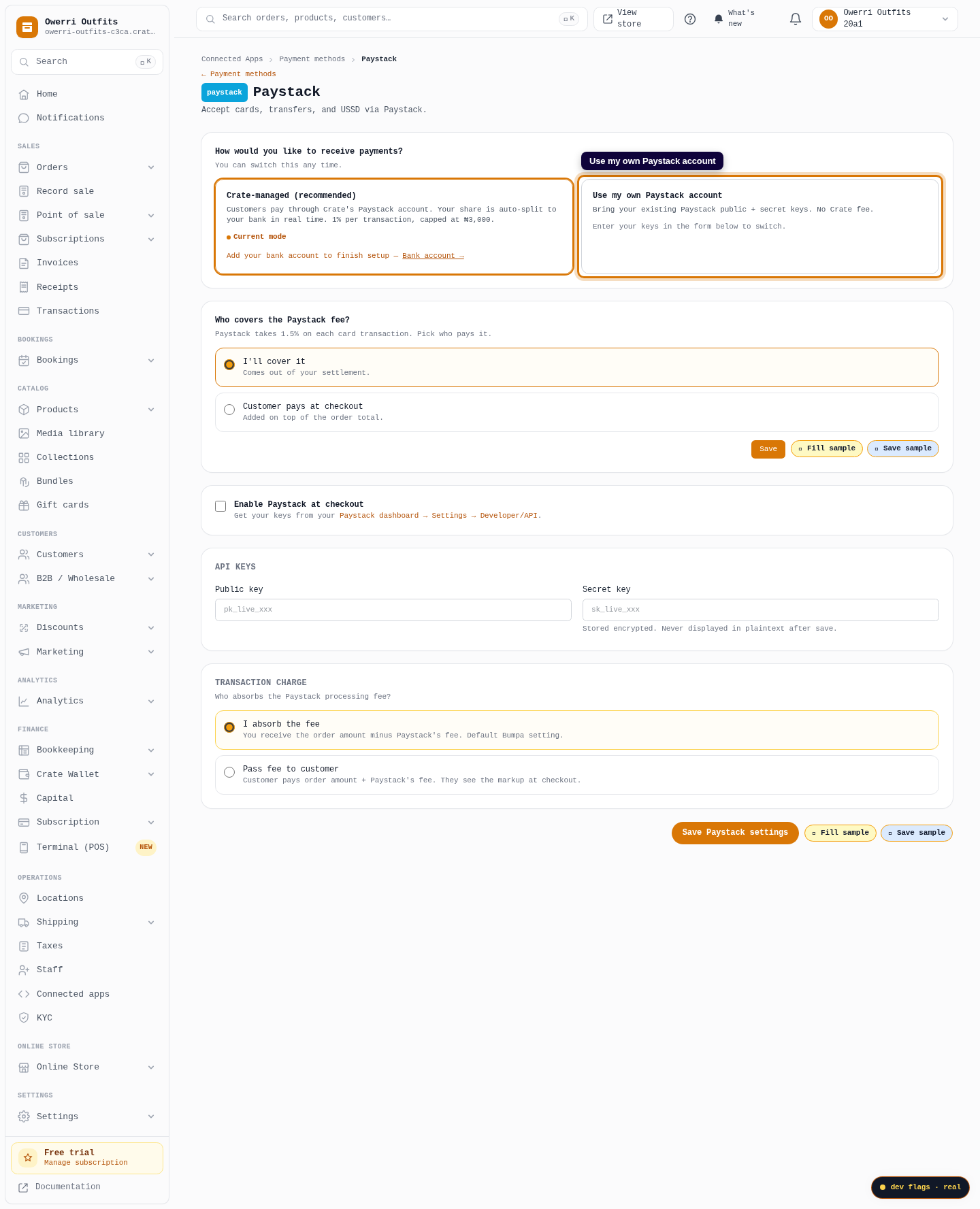 Use your own Paystack keys: step 2 (web)